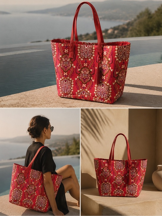 Handbags - Vibrant Red Patterned Tote Bag